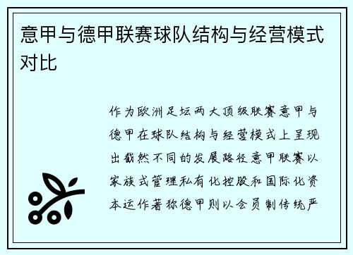 意甲与德甲联赛球队结构与经营模式对比