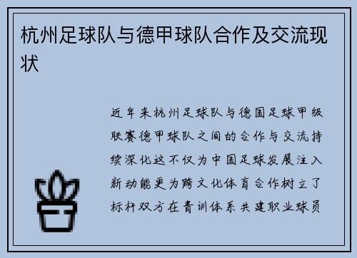 杭州足球队与德甲球队合作及交流现状